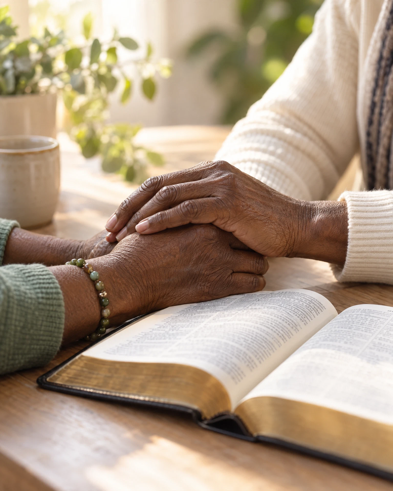 Faith-themed photograph of caring hands beside an open Bible